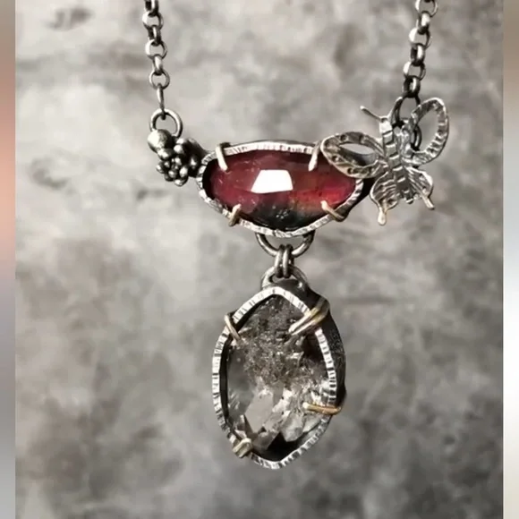 Sterling Silver and Tourmaline Pendant with Herkimer Diamond Necklace - Picture 6 of 14